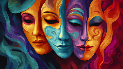 Modern theatrical masks featuring bold colors and abstract designs, theater, performance, drama, art, masks, modern. Dimension-Warping Masks. Illustration