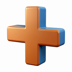 Fototapeta premium Bold Orange And Blue 3D Plus Sign Icon With Glossy Finish On Transparent Background For Design And Branding