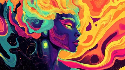 Vibrant psychedelic portrait with swirling abstract colors and energy