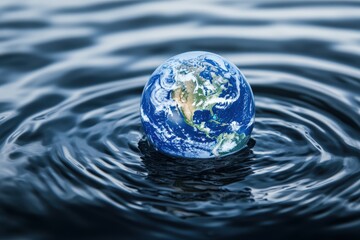 Planet earth floating on water surface generating ripples: environmental conservation concept