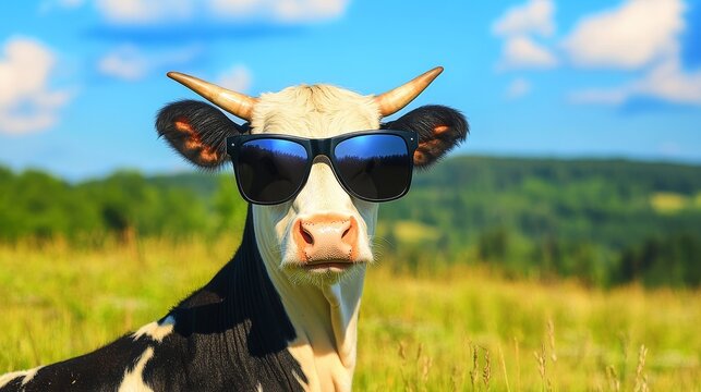 In a green field, a serene brown cow donning trendy sunglasses stands with a relaxed look, radiating coolness and exuding a hint of rural sophistication.