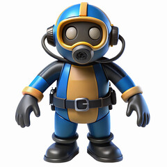Cartoon Style Deep Sea Diver Character with Blue Yellow Suit Respirator and Diving Gear