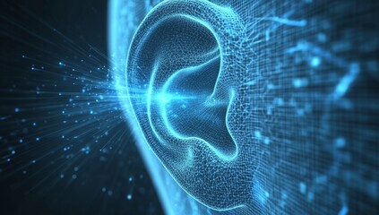 Digital ear, listening to data, dark background, abstract medical technology