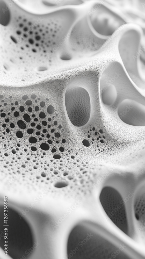 Poster Close-up of abstract white surface featuring intricate, porous patterns and smooth curves, representing organic textures, fluidity, and modern design aesthetics.