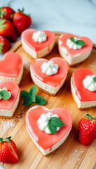 Fototapeta premium A set of heart-shaped mini cheesecakes with red strawberry glaze, whipped cream, and fresh strawberries on a wooden board.