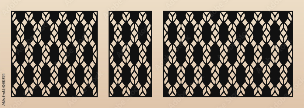 Poster laser cut pattern set. vector template with abstract geometric ornament, grid, mesh, lattice, ropes.