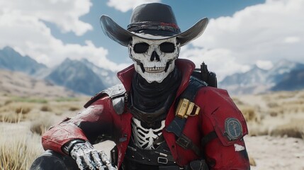 Fototapeta premium A red plaid-shirted and cowboy-hatted skeleton is seen relaxing on the desert ground, beneath a vast blue sky with straggling clouds, presenting a humorous scene.