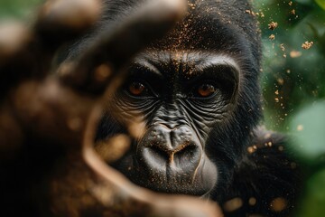 Obraz premium Majestic Mountain Gorilla Close-up: An Intense Gaze into the Wilds of Africa