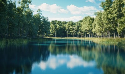 Naklejka premium Scenic lake with clear blue water reflecting the surrounding trees, styled to create a serene and picturesque landscape