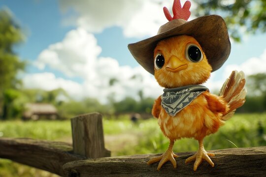 The scene features a charming and humorous cartoon chicken, a cowboy in disguise, set against a backdrop of a quaint, farm-themed rural landscape.