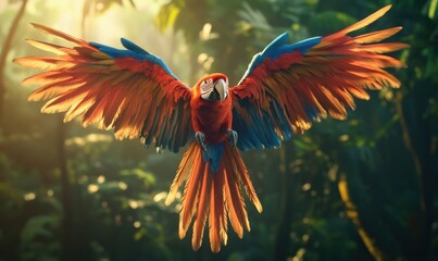 Exotic macaw mid-flight with vibrant feathers spread wide, set against a lush jungle background, embodying the beauty of wildlife.
