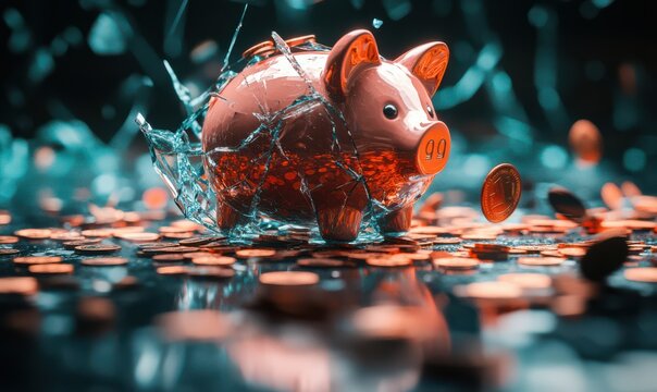Shattered piggy bank surrounded by shards of glass, with vibrant coins scattered on a dark surface, highlighting economic fragility, intense contrasts