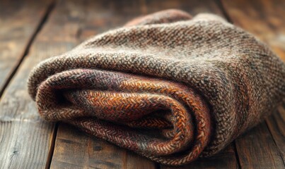 Fototapeta premium Handmade wool scarf folded neatly on a rustic wooden surface, with warm natural lighting highlighting its intricate texture.