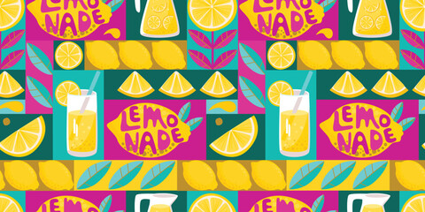Lemonade seamless pattern with geometric shapes. Mosaic background with lemon fruits, leaves, glass with drink, hand written. Modern print on fabric and paper. Vector design for textile, wallpaper.