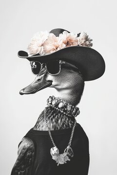 A zippy duck dressed up in sunglasses, a cowboy hat, and jewelry is portrayed in a black and white image that infuses humor and style.