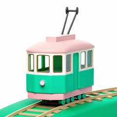 Vintage Green And Pink Cartoon Style Tram On Tracks With Transparent Background For Design And Animation