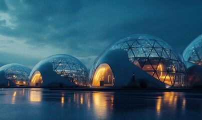 Fototapeta premium Transparent futuristic domes glowing softly, symbolizing ecological harmony and advanced sustainable living.