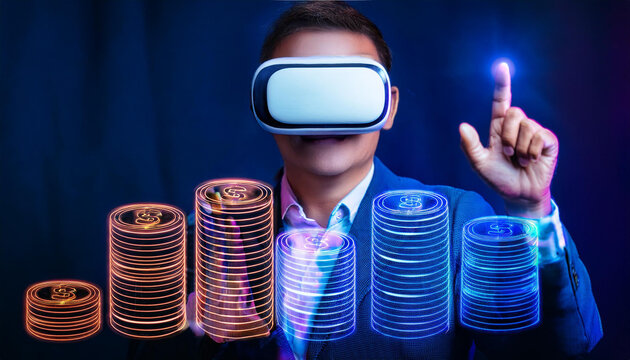 businessman wearing VR headset interacting with virtual financial data, stacks of coins rising in holographic projection