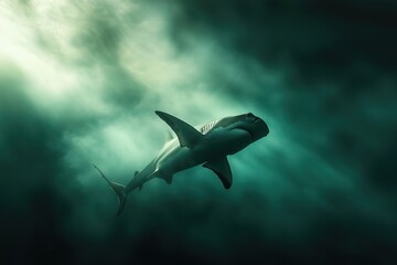 Obraz premium Majestic Shark Underwater: A Dark and Mysterious Ocean Predator