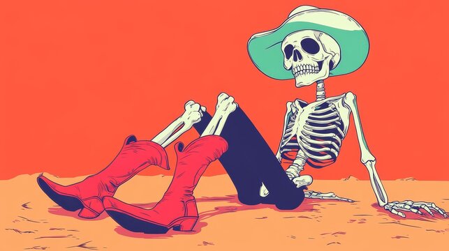A humorous skelton dressed as a cowboy perches casually against a lively orange backdrop, exuding a whimsical Western feel.