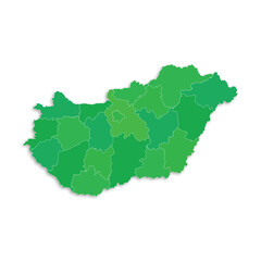 Hungary map with border highlighted regions, states, isolated on white background. Template map of Hungary. Detailed vector illustration.