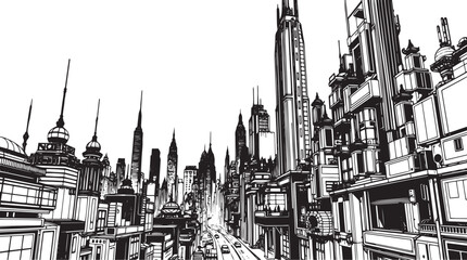 Fototapeta premium Futuristic City landscape. Different buildings on street, outline cityscape hand sketch, flat houses. Hand drawn vector illustration