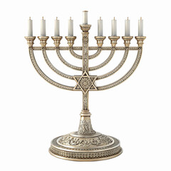 Fototapeta premium Gold Seven Branch Menorah with Star of David and Intricate Detailing on Transparent Background
