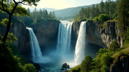 Fototapeta premium An Incredible Multi-Level Waterfall View in a National Park Surrounded by Trails and Diverse Wildlife