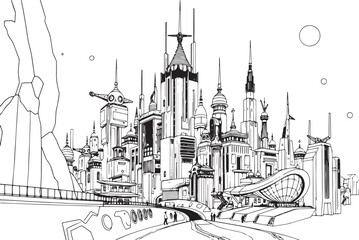 Futuristic City landscape. Different buildings on street, outline cityscape hand sketch, flat houses. Hand drawn vector illustration
