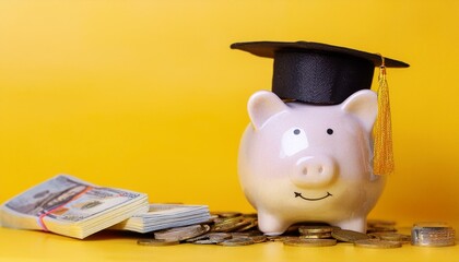 piggy bank wearing graduation cap with money nearby.  Concept for education funding and saving for college.