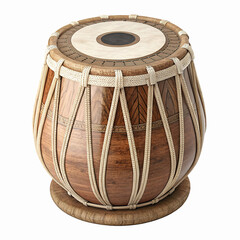 Traditional Wooden Handcrafted Tabla Drum with Rope Detailing for Cultural Musical Use on Transparent Background