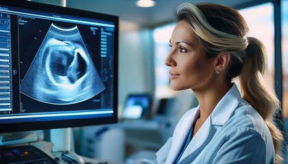 Focused female doctor reviewing ultrasound scan on a computer screen. Her expression is serious and attentive.