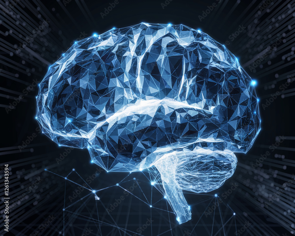Poster a sophisticated glowing wireframe brain model floating in space, symbolizing the connection between 