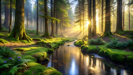 Obraz premium Serene Forest at Dawn with Mist and Sparkling Stream