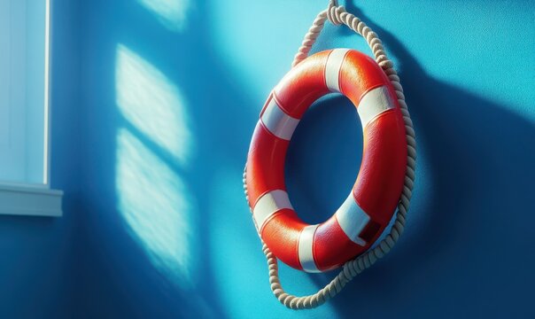 Lifebuoy hanging against a bright blue wall, representing safety and nautical charm, perfect for seaside designs.