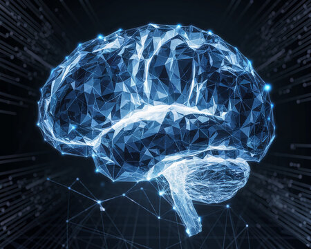 A sophisticated glowing wireframe brain model floating in space, symbolizing the connection between artificial intelligence, neural networks, and futuristic technology.