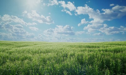 Fototapeta premium Lush green cornfield stretching to the horizon under a vibrant summer sky, with soft clouds dotting the blue expanse, symbolizing abundance.
