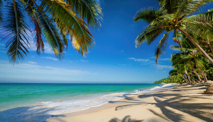 A beautiful tropical beach with golden sand, turquoise water, and tall palm trees under a clear blue sky.