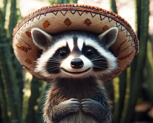 A humorous raccoon with a sombrero, bringing together mischief and charm, great for festive, cultural, or whimsical design projects.