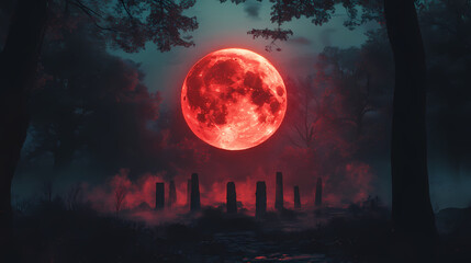 Sinister blood moon ritual in the forest - mysterious occult gathering with copy space, selective focus, ultra hd. Blood Moon Rituals. Illustration