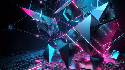 Futuristic cyberpunk technology. Abstract 3d digital art with neon holographic elements. 3D illustration. Digitally background