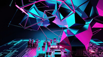 Futuristic cyberpunk technology. Abstract 3d digital art with neon holographic elements. 3D illustration. Digitally background