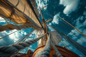 Low-angle view of a historic sailing ship’s mast and sails, with rigging lines set against a bright blue sky with clouds

