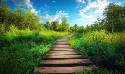 Rustic wooden plank path leading through lush green forest under a clear blue sky, capturing the beauty of serene nature escapes.