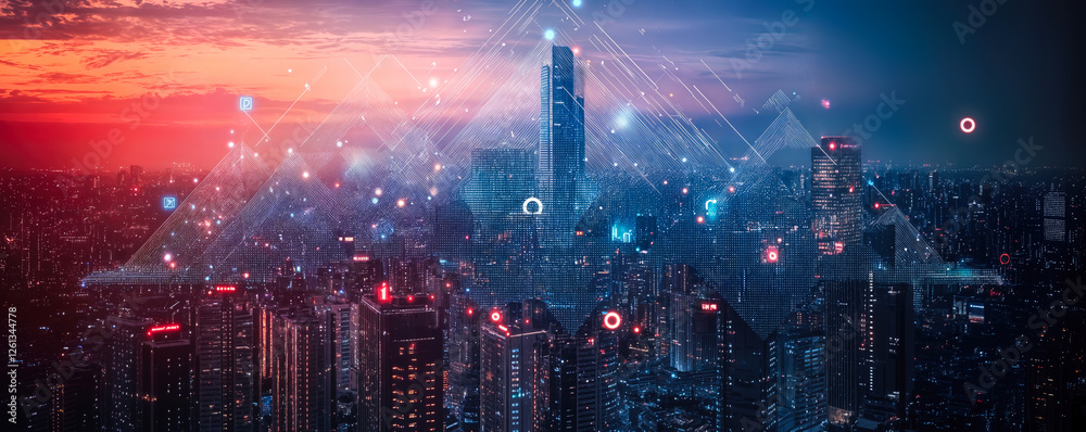 Poster smart city with futuristic ai network and iot integration in an advanced urban setting with big data