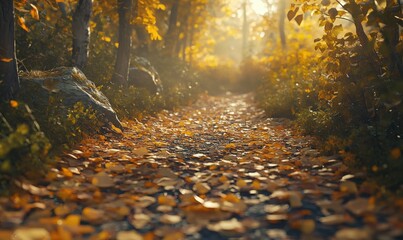 Obraz premium Scenic hiking trail through a vibrant autumn forest with golden leaves, soft sunlight, and a peaceful atmosphere.