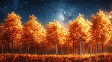 Golden Autumn Night: Enchanting Forest Under Starry Sky