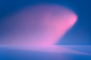 Pink light and blue background for product presentation. Stylish composition with sunlight and abstract shadow or water reflection on wall. 

