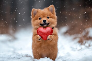 Obraz premium Ad campaign domestic animal idea. Finnish spitz - my beloved dog, symbol of friendship. Cute finnish spitz doggy with diamond red heart on a walk in a winter garden. Puppy sitting on red roses.