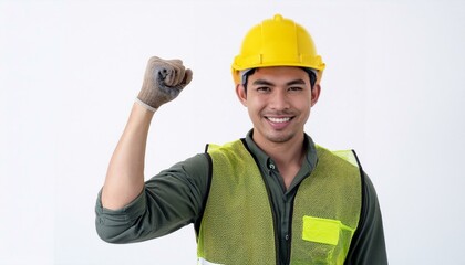 A construction worker celebrates a successful project, showcasing his enthusiasm and pride. His confident stance, raised fist, and beaming smile radiate positive energy
